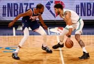 Kevin Durant of the Brooklyn Nets and Jayson Tatum of the Boston Celtics